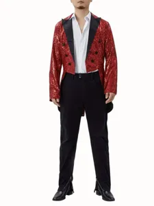 Detail view of men red sequin tailcoat stage costume featuring classic lapels and buttons.