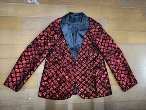 Men stylish red and black sequin blazer with peak lapel party stage suit jacket.