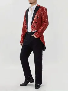 Detail view of a men's red sequin tailcoat jacket, ideal for stage performances and parties.