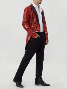Men's red sequined tailcoat jacket for stage performance, concert, nightclub, and party events.