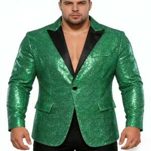 Herren gruener Pailletten Blazer mit schwarzem Revers Ein-Knopf Party Anzugjacke