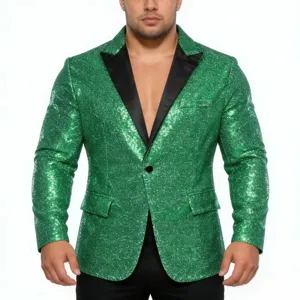 Grüner Pailletten Blazer für Herren mit schwarzem Revers, ideal für Partys und Bühnenshows.