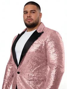 Rosa Pailletten-Blazer für Herren mit kontrastierendem schwarzem Revers und Ein-Knopf.