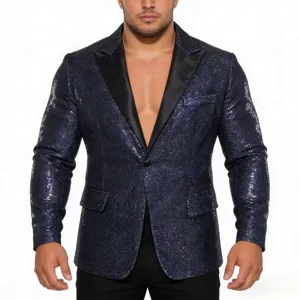 Detailansicht des dunkelblauen Pailletten-Blazers für Herren mit schwarzem Satin-Revers.