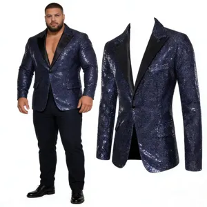 Herren dunkelblaue Pailletten Blazer Jacke mit schwarzem Satinkragen und Einreiher Design.