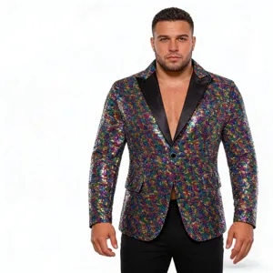 Detailansicht der bunten Pailletten Blazer Jacke für Herren Bühnenauftritt und Party.
