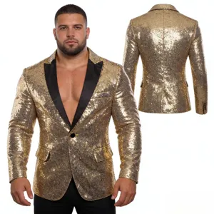 Herren gold Pailletten Blazer Anzugjacke, stilvolles schwarzes Revers Party Bühnenoutfit.