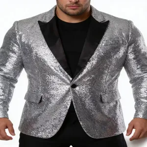 Herren silber Pailletten Sakko mit schwarzem Revers Ein Knopf Blazer für Party Bühne Auftritt
