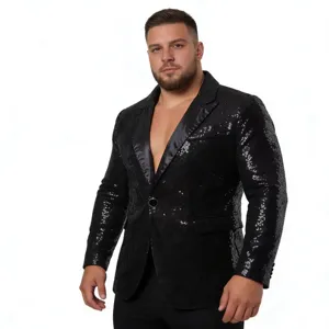 Detailansicht des eleganten schwarzen Paillettenblazers für Herren mit Satinrevers und Knopf.