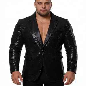 Herren schwarzer Pailletten Blazer Jacke mit Satinkragen für Party Bühne Nachtclub.