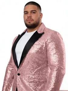 Herren rosa Pailletten Blazer Jacke mit schwarzem Revers, stilvolle Bühnenkleidung für Partys.