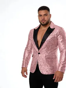 Herren Roségold Pailletten Blazer Schwarzes Revers Ein Knopf Party Performance Jacke