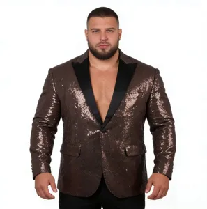 Stilvoller brauner Pailletten-Blazer für Herren mit schwarzem Satin-Revers für Partys.