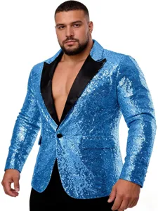 Herren blaue Pailletten Blazer Party Clubwear Ein Knopf Reverskragen Bühnen Performance Jacke