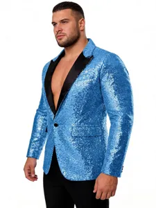 Herren blaue Pailletten Anzugjacke mit schwarzem Revers fuer Party Performance