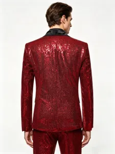 Detailed back view of the men's red sequin blazer jacket, showing tailoring and sparkling fabric.