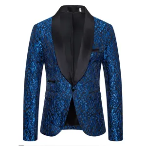 Men's blue jacquard tuxedo blazer jacket featuring a black shawl lapel and button.