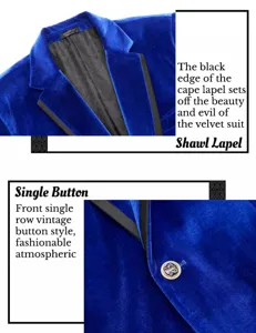 Heren blauwe fluwelen blazer met sjaalkraag en knop, elegante feest pak jasje.
