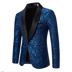 Men's blue jacquard blazer featuring a contrast black shawl lapel and slim fit design.