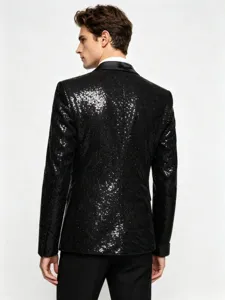 Detailed view of the back and side of a stylish black sequin men's suit blazer jacket.