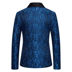 Back view of men blue jacquard suit jacket, elegant shawl lapel detail for fashion styling.