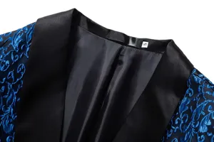 Men's stylish blue jacquard blazer collar detail view, classic black shawl lapel design.