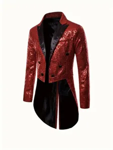 Men's Red Sequin Tailcoat Jacket Tuxedo Stage Performance Costume for Party and Show.