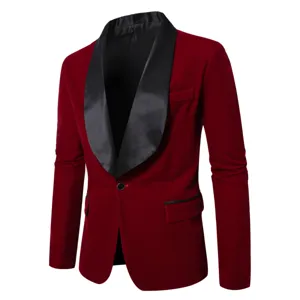 Men's velvet blazer red shawl lapel single button formal suit jacket for wedding party.