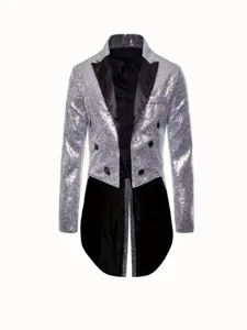 Detailed close-up of sparkling silver sequin men's tailcoat with black satin lapels.