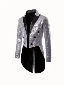 Men's Silver Sequin Tailcoat Tuxedo Jacket Stage Performance Party Nightclub Blazer