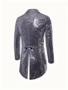 Silver sequin tailcoat jacket for men, featuring back split and button detail for stage.
