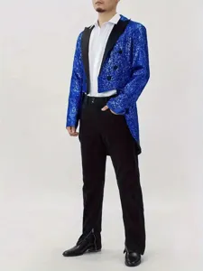 Detailed view of men's blue sequin tailcoat featuring contrasting black lapels and stage style.