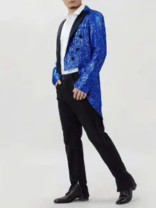 Detailed look at the blue sequin tailcoat jacket for men stage performance and events.