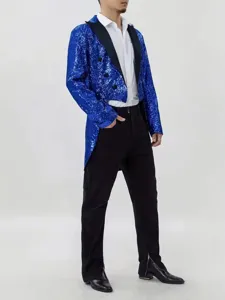 Men's blue sequin tailcoat jacket for stage performance, nightclub hosting, and parties.