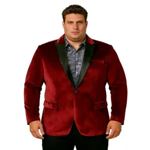Men velvet blazer detail view, wine red jacket with black lapel, slim fit casual groom wear.