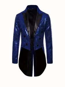 Men royal blue sequin tailcoat jacket for stage performance, party, nightclub and host events.