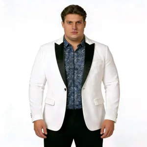 Men's white tuxedo suit jacket with black lapel and blue printed shirt for formal events.