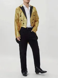 Men's gold sequin tailcoat jacket, dazzling stage performance suit for club, party, and host.