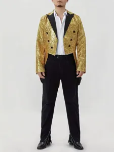 Gold sequin tailcoat detail showing glittering fabric, black lapel and double-breasted buttons.