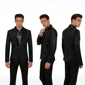 Men's sequin suit jacket featuring a peak lapel and diamond pattern. Ideal for party and stage wear.