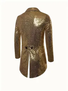 Men gold sequin tailcoat jacket for stage performance, nightclub, party, and choir conductor.