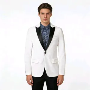 Men's stylish white suit jacket with black lapel, slim fit casual blazer for formal events.