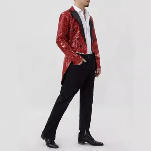Men's red sequin tailcoat jacket for stage performance, nightclub, and party events main view.