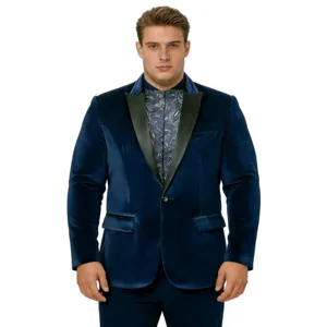 Men's dark blue velvet blazer slim fit stylish suit jacket for wedding party and formal events.
