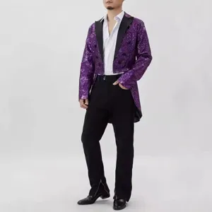Men's purple sequin tailcoat jacket for stage performance and evening party wear
