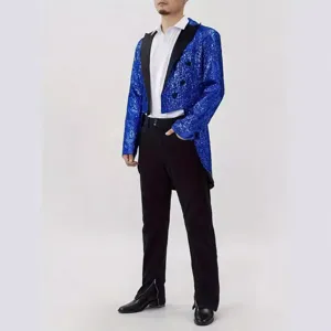 Men's sparkling blue sequin tailcoat jacket stage performance tuxedo host blazer