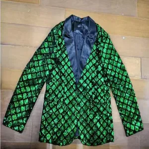 Men's green diamond pattern sequin blazer stylish party stage performance suit jacket