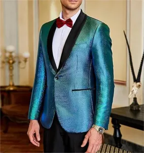 Men's metallic shimmering tuxedo jacket featuring a black shawl lapel for party and wedding.