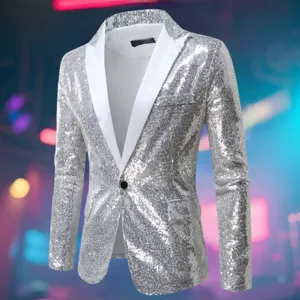 Men's stylish silver sequin blazer with white shawl lapel designed for stage and party wear