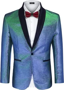 Detail view of the shiny iridescent men's shawl lapel blazer jacket with black trim details.